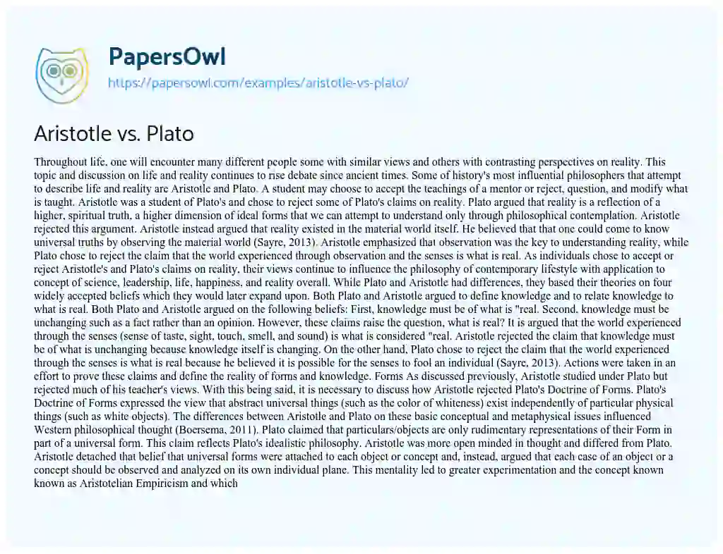 Essay on Aristotle Vs. Plato