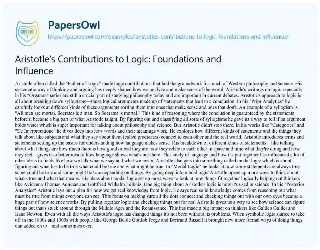 Essay on Aristotle’s Contributions to Logic: Foundations and Influence