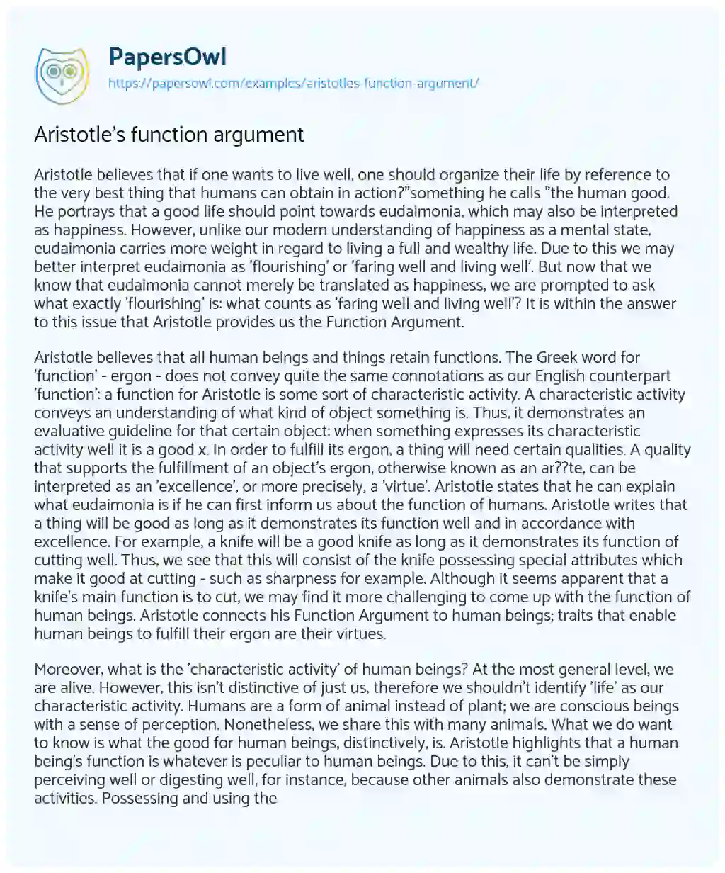 Essay on Aristotle’s Function Argument