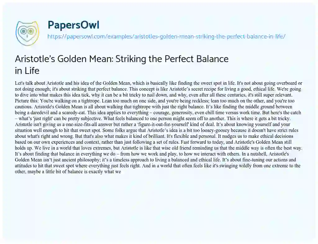 Essay on Aristotle’s Golden Mean: Striking the Perfect Balance in Life