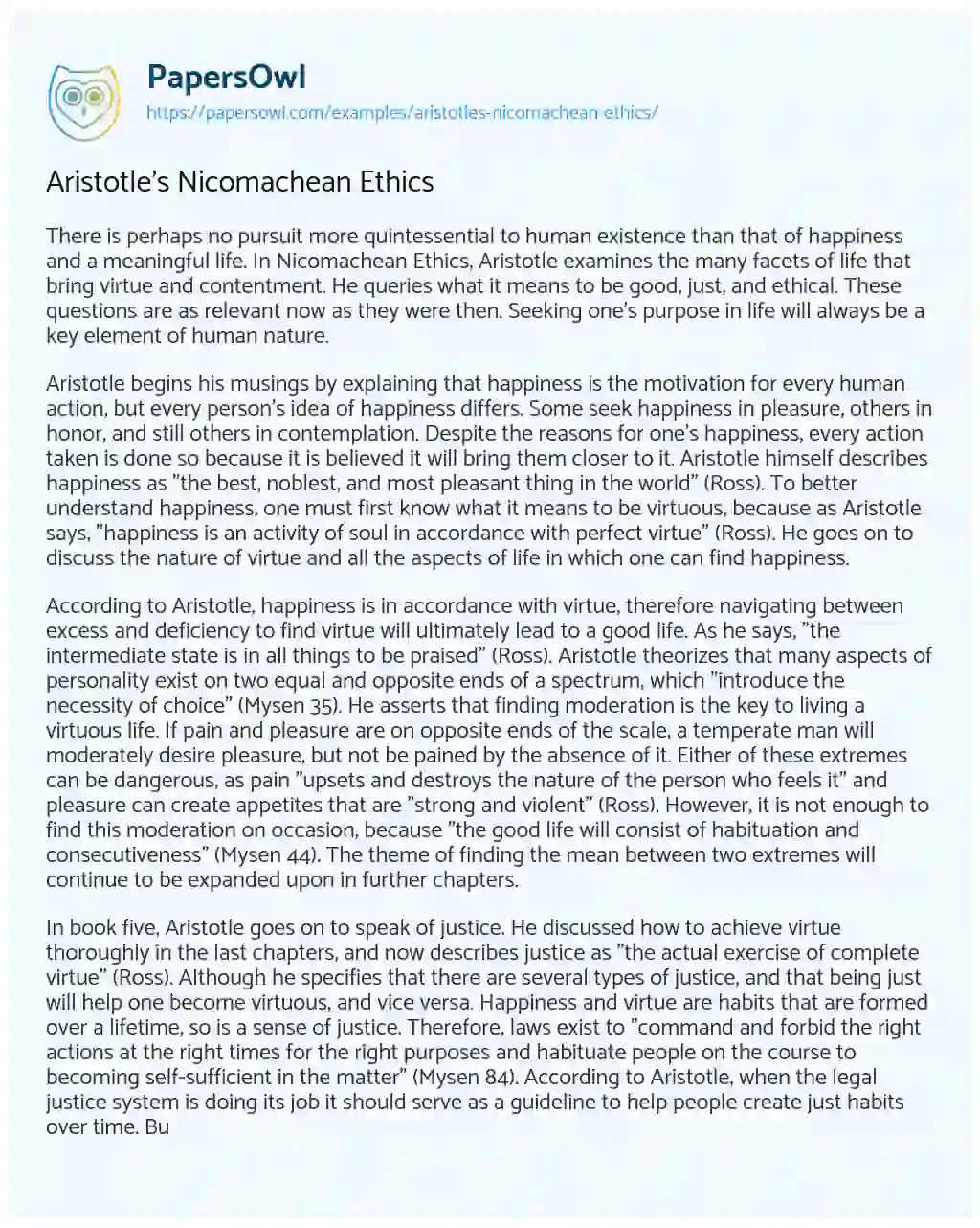 Essay on Aristotle’s Nicomachean Ethics