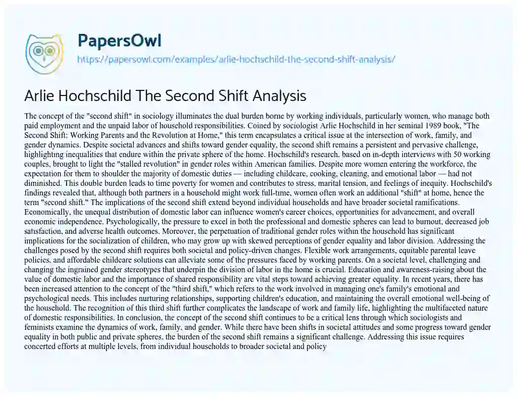 Essay on Arlie Hochschild the Second Shift Analysis