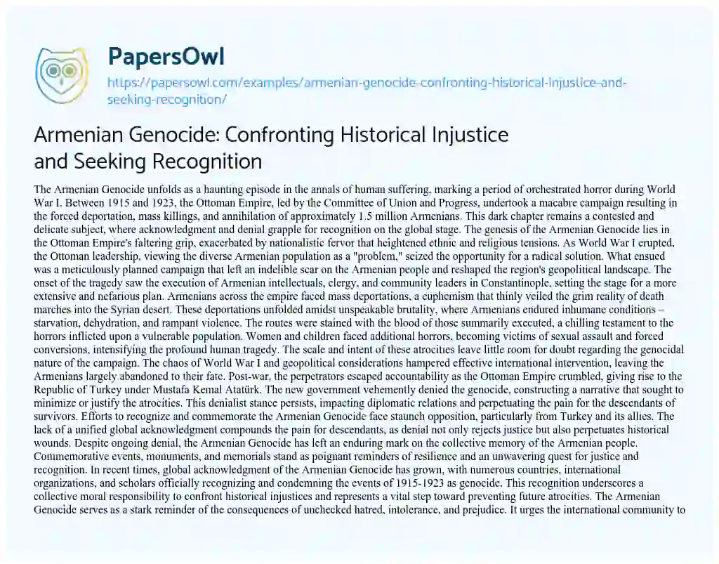 Essay on Armenian Genocide: Confronting Historical Injustice and Seeking Recognition