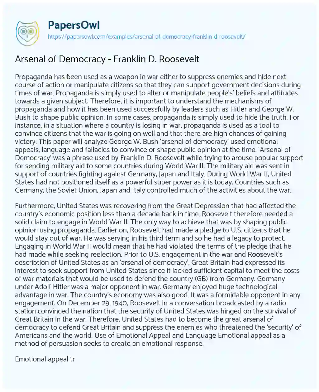 Essay on Arsenal of Democracy – Franklin D. Roosevelt