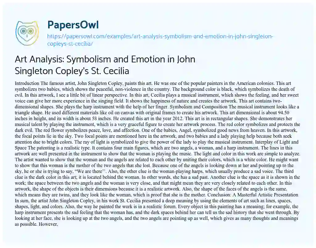 Essay on Art Analysis: Symbolism and Emotion in John Singleton Copley’s St. Cecilia
