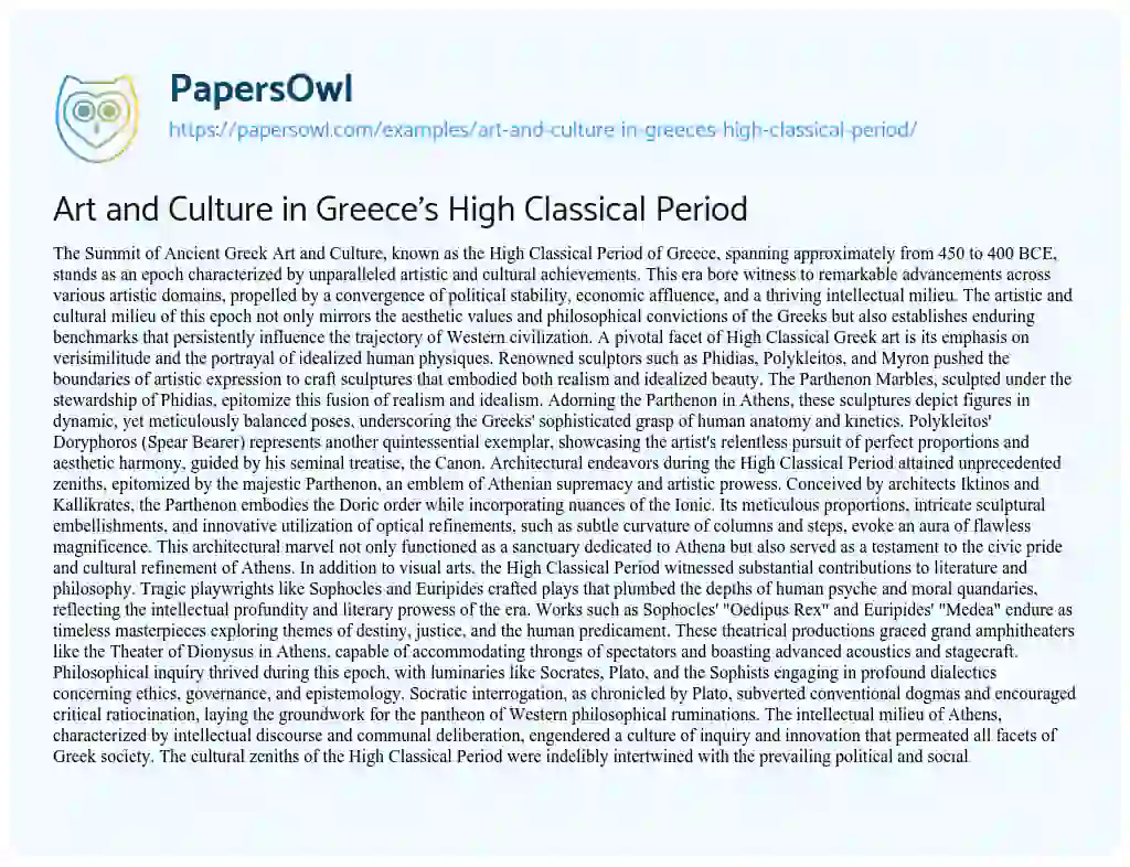 Essay on Art and Culture in Greece’s High Classical Period
