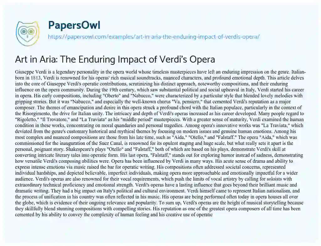 Essay on Art in Aria: the Enduring Impact of Verdi’s Opera