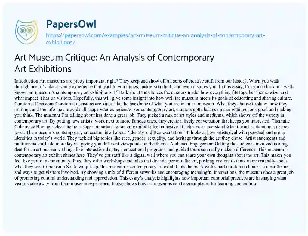 Essay on Art Museum Critique: an Analysis of Contemporary Art Exhibitions