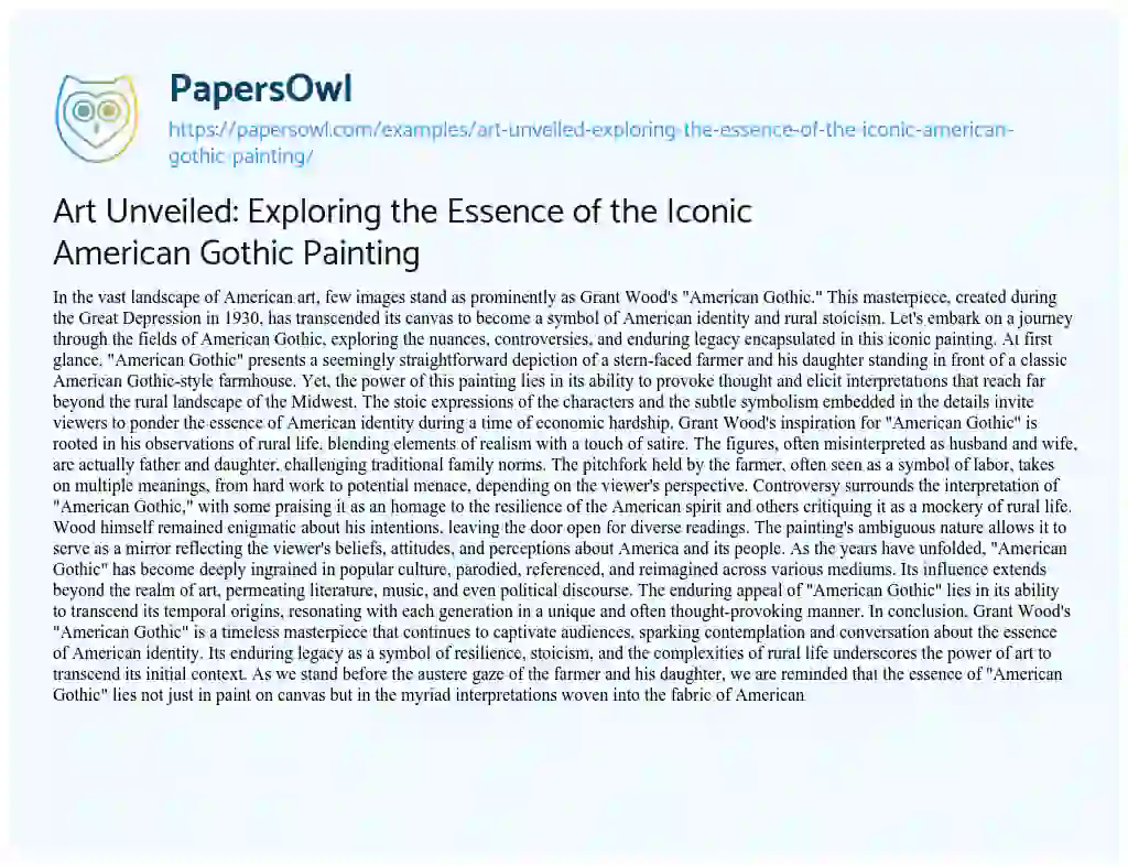 Essay on Art Unveiled: Exploring the Essence of the Iconic American Gothic Painting