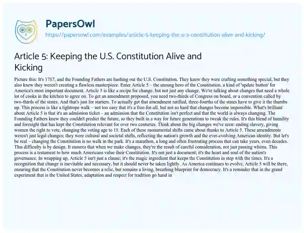 Essay on Article 5: Keeping the U.S. Constitution Alive and Kicking