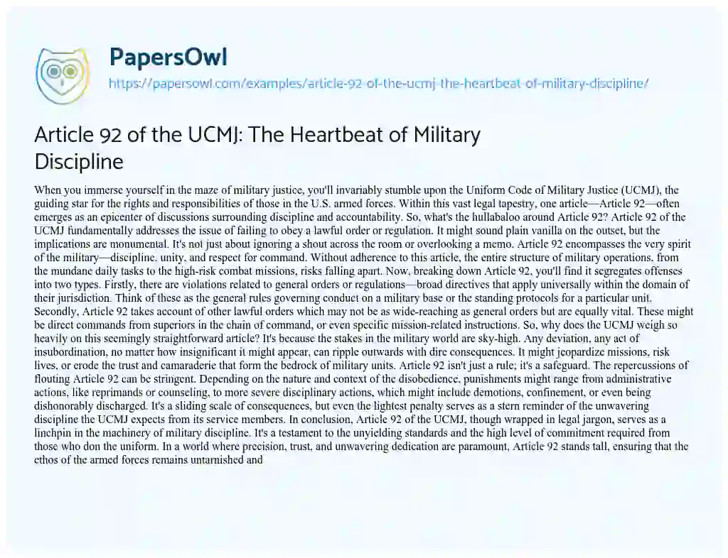 Essay on Article 92 of the UCMJ: the Heartbeat of Military Discipline