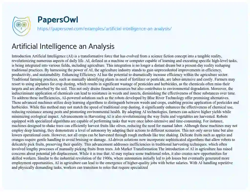 Essay on Artificial Intelligence an Analysis