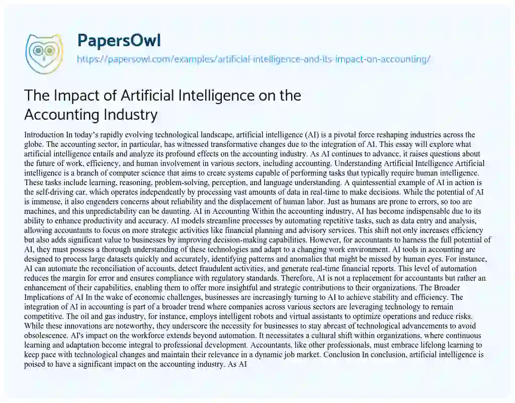 Essay on Artificial Intelligence and its Impact on Accounting