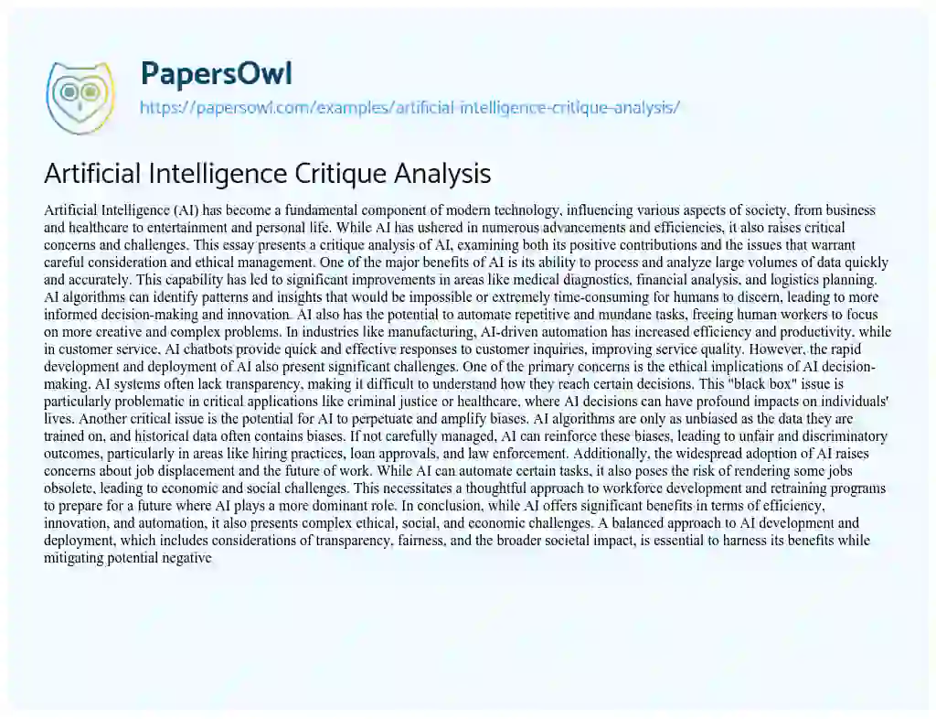 Essay on Artificial Intelligence Critique Analysis