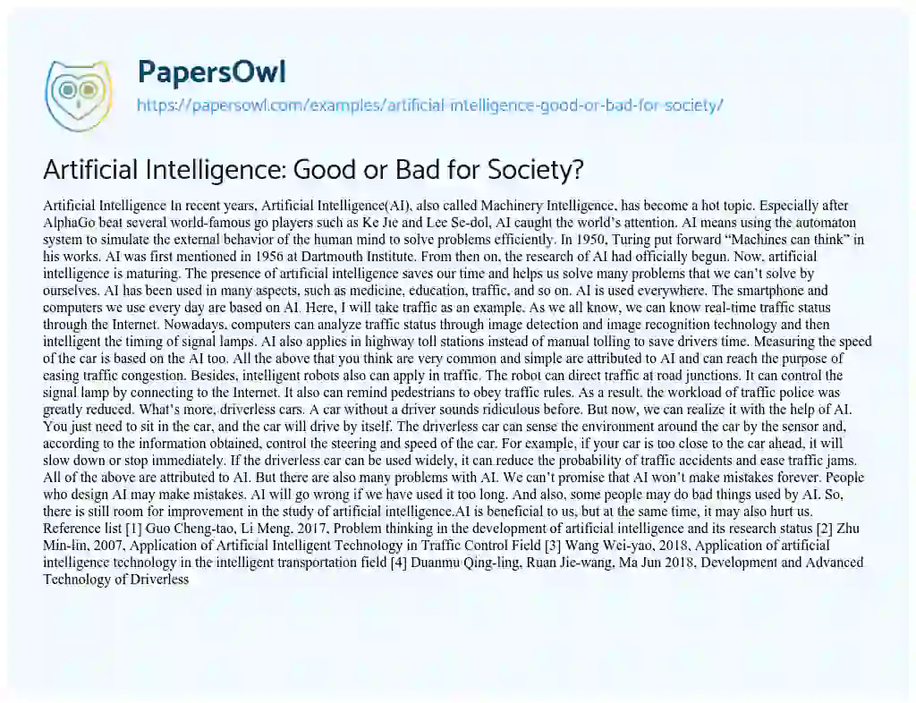 Essay on Artificial Intelligence: Good or Bad for Society?