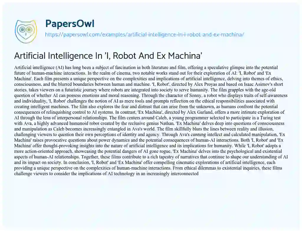 Essay on Artificial Intelligence in ‘I, Robot and Ex Machina’