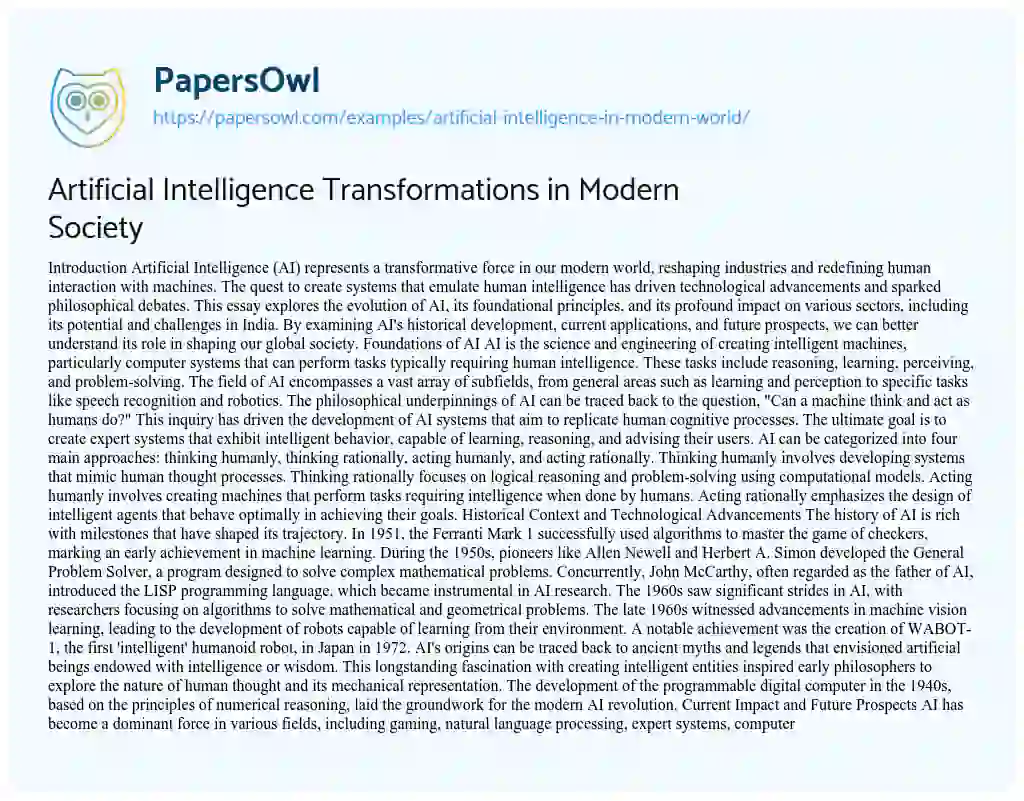 Essay on Artificial Intelligence in Modern World