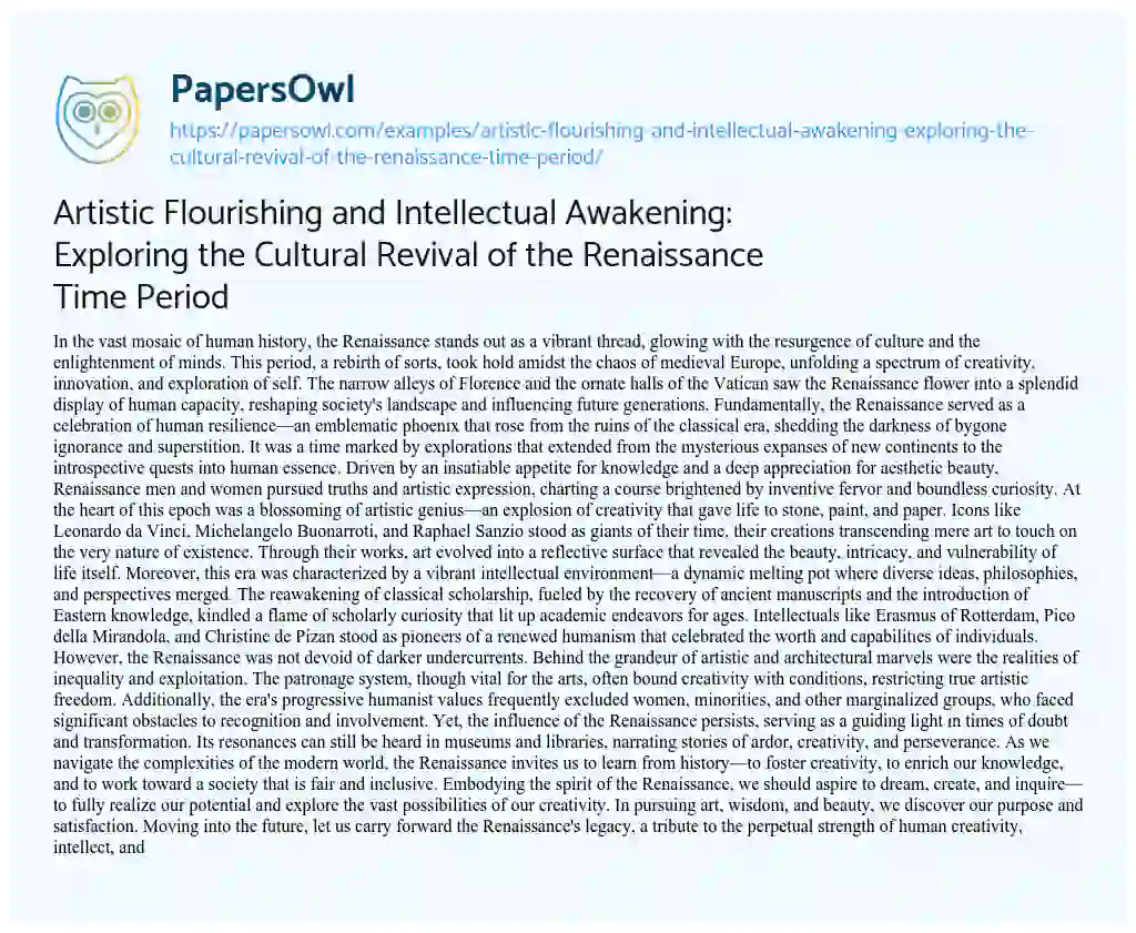 Essay on Artistic Flourishing and Intellectual Awakening: Exploring the Cultural Revival of the Renaissance Time Period