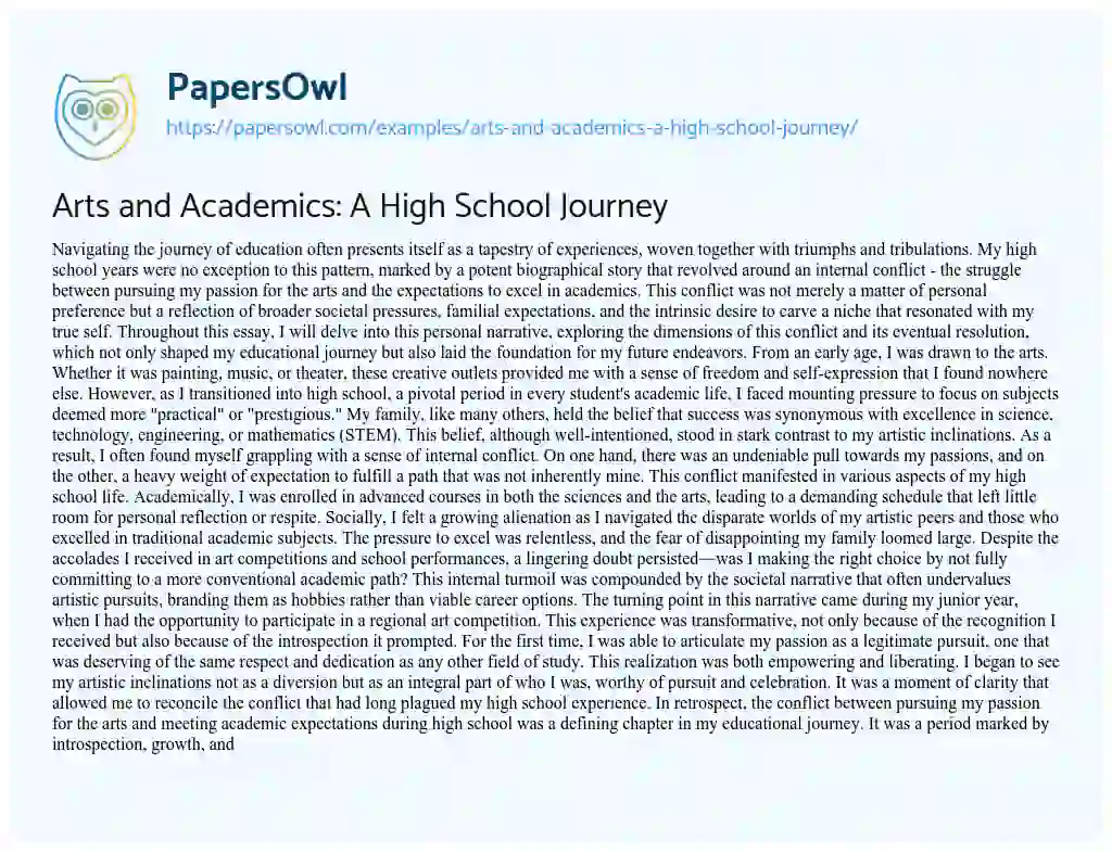 Essay on Arts and Academics: A High School Journey