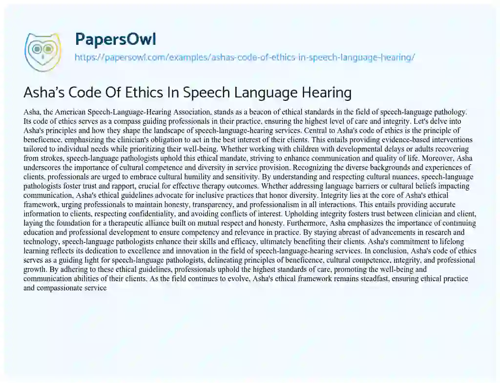 Asha's Code Of Ethics In Speech Language Hearing Free Essay Example