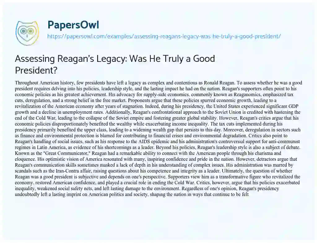 Essay on Assessing Reagan’s Legacy: was he Truly a Good President?