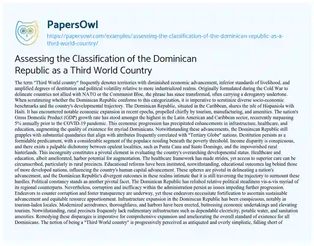 Essay on Assessing the Classification of the Dominican Republic as a Third World Country