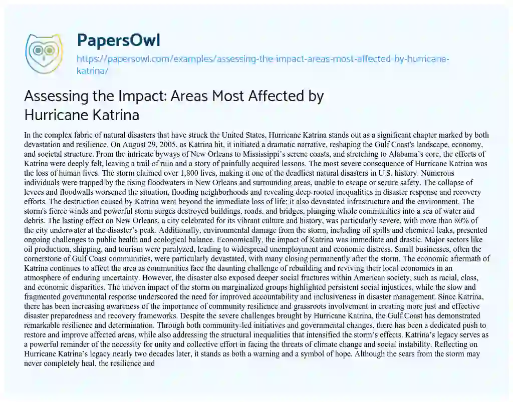 Essay on Assessing the Impact: Areas most Affected by Hurricane Katrina