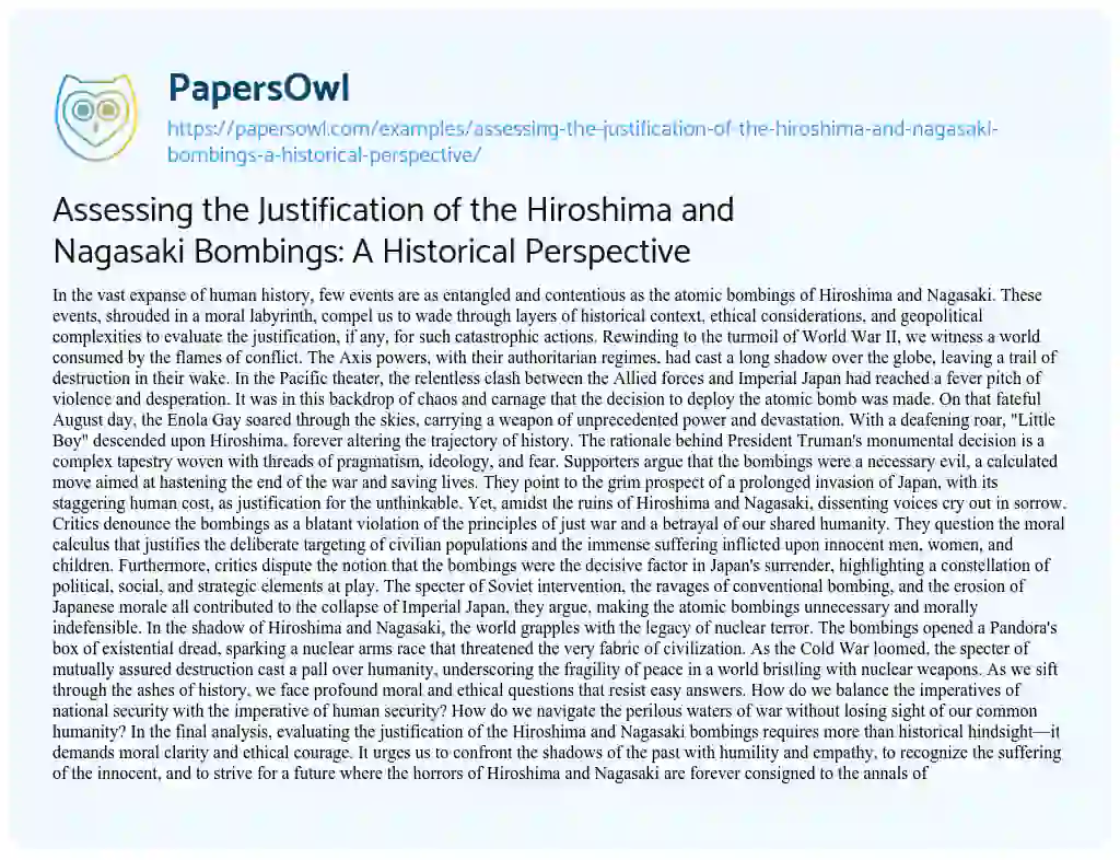 Essay on Assessing the Justification of the Hiroshima and Nagasaki Bombings: a Historical Perspective