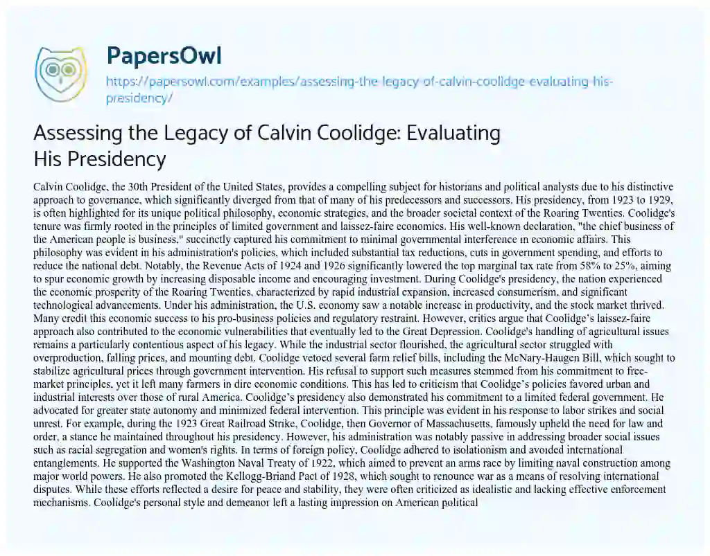 Essay on Assessing the Legacy of Calvin Coolidge: Evaluating his Presidency