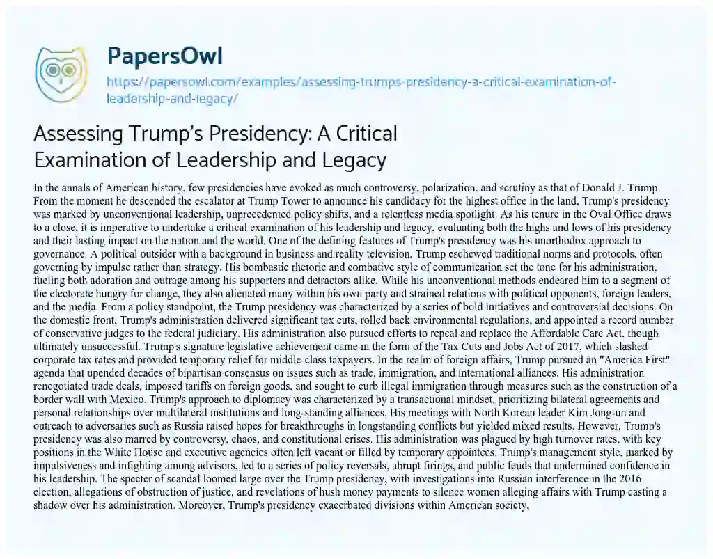 Essay on Assessing Trump’s Presidency: a Critical Examination of Leadership and Legacy