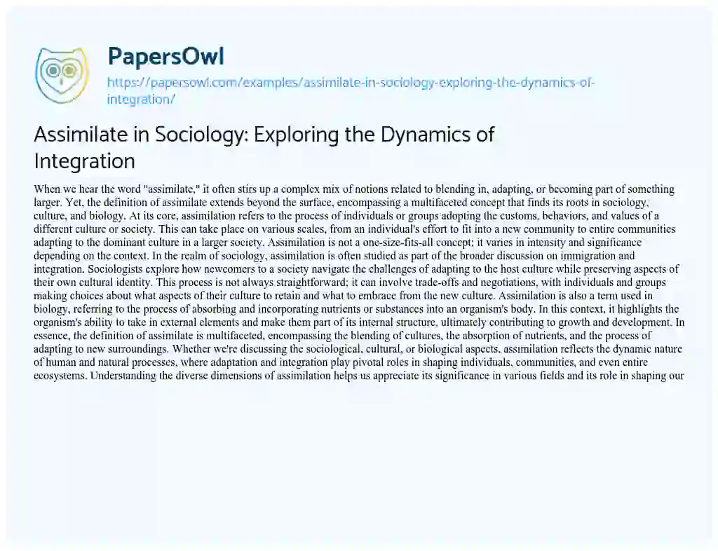 Essay on Assimilate in Sociology: Exploring the Dynamics of Integration