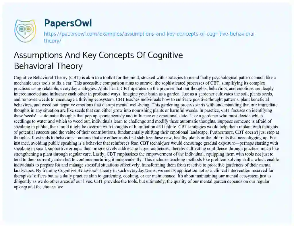 Essay on Assumptions and Key Concepts of Cognitive Behavioral Theory