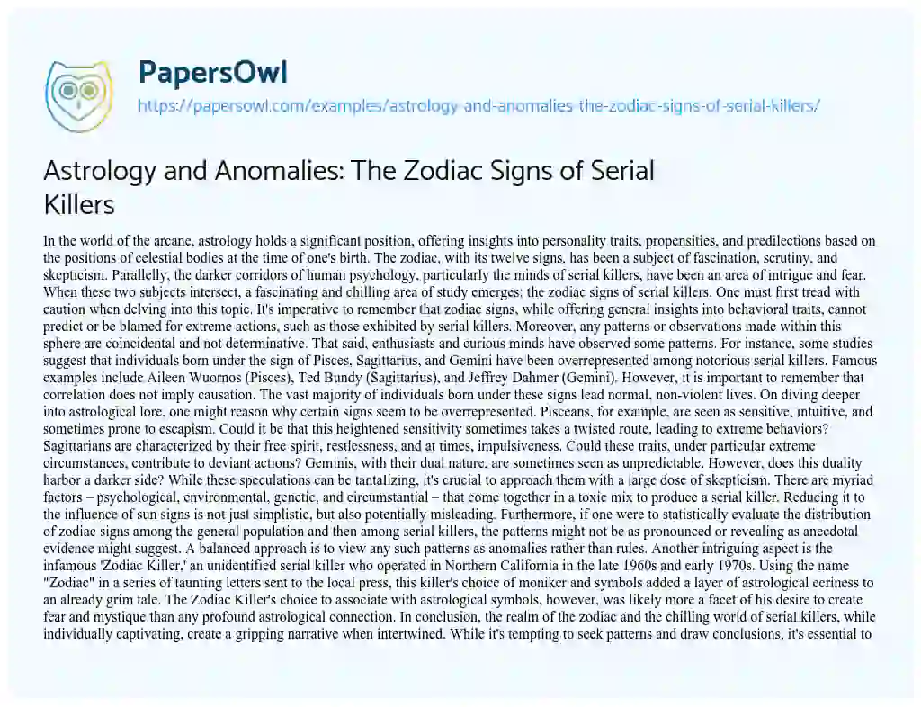 Essay on Astrology and Anomalies: the Zodiac Signs of Serial Killers