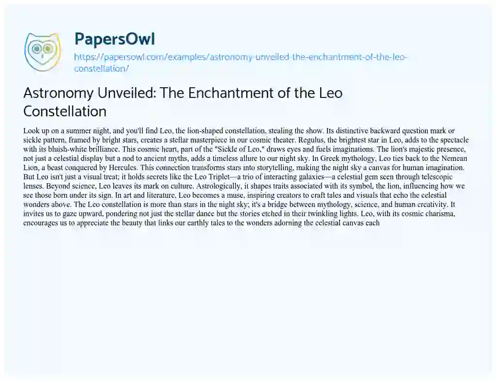 Essay on Astronomy Unveiled: the Enchantment of the Leo Constellation