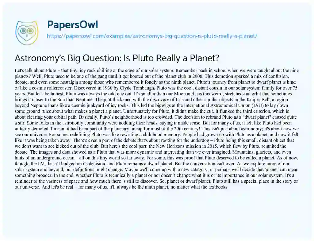 Essay on Astronomy’s Big Question: is Pluto Really a Planet?