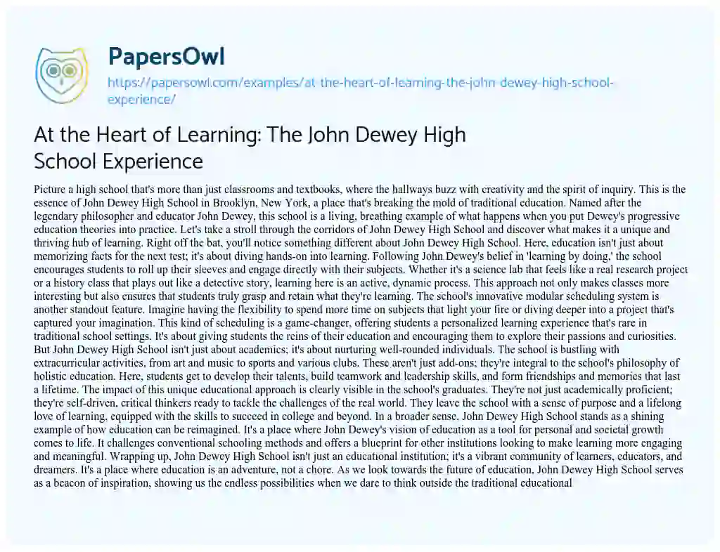 Essay on At the Heart of Learning: the John Dewey High School Experience