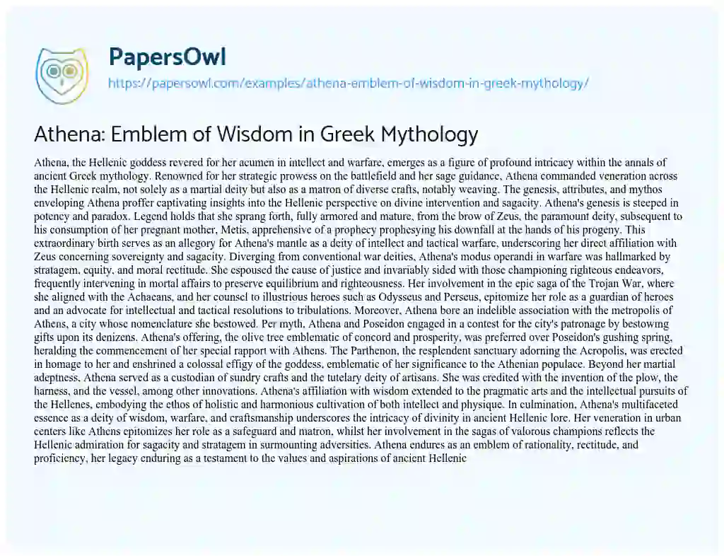 Essay on Athena: Emblem of Wisdom in Greek Mythology