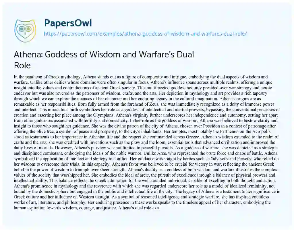 Essay on Athena: Goddess of Wisdom and Warfare’s Dual Role