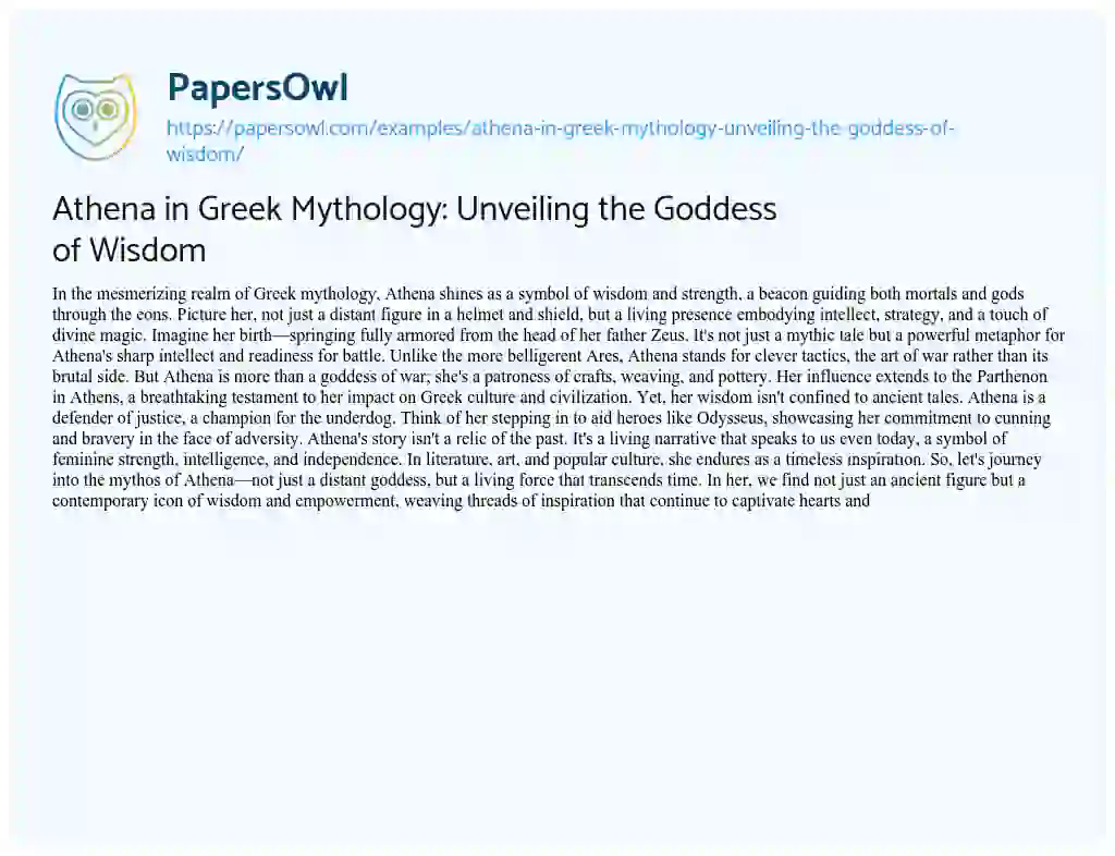Essay on Athena in Greek Mythology: Unveiling the Goddess of Wisdom