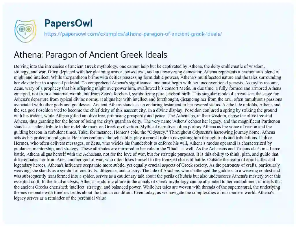 Essay on Athena: Paragon of Ancient Greek Ideals
