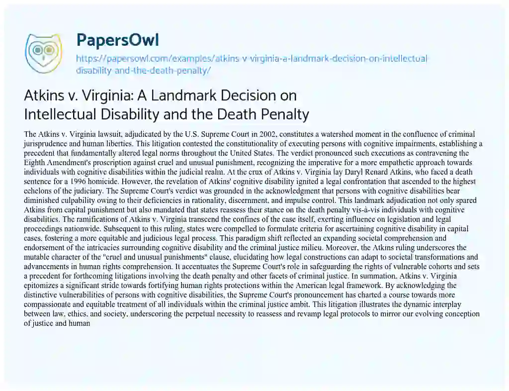 Essay on Atkins V. Virginia: a Landmark Decision on Intellectual Disability and the Death Penalty