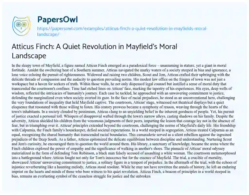 Essay on Atticus Finch: a Quiet Revolution in Mayfield’s Moral Landscape