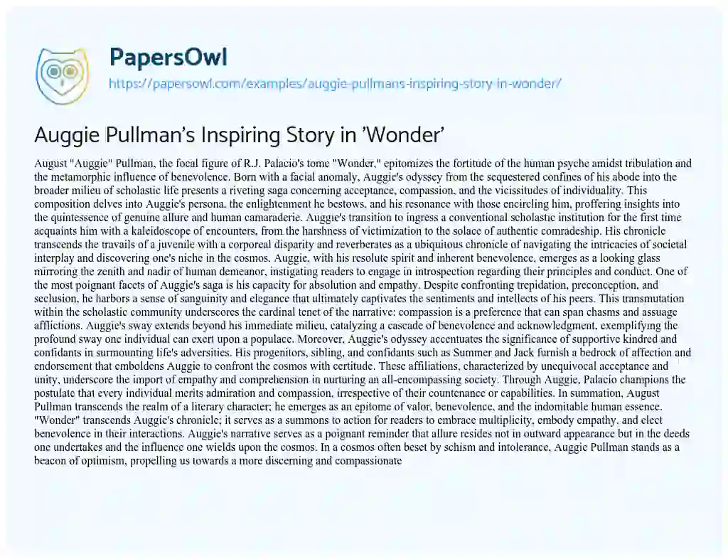 Essay on Auggie Pullman’s Inspiring Story in ‘Wonder’