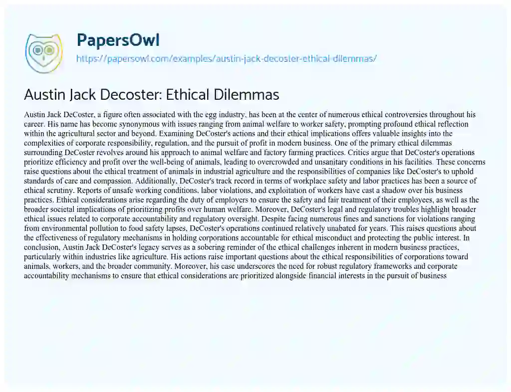 Essay on Austin Jack Decoster: Ethical Dilemmas
