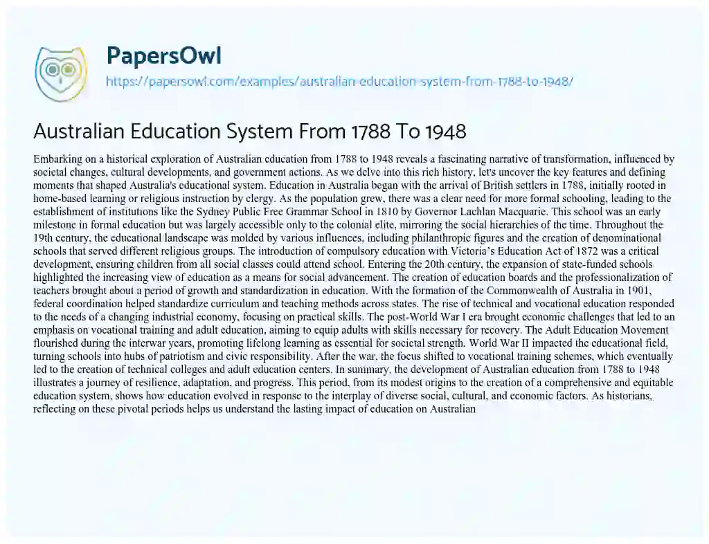 Essay on Australian Education System from 1788 to 1948