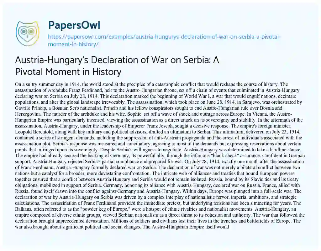 Essay on Austria-Hungary’s Declaration of War on Serbia: a Pivotal Moment in History