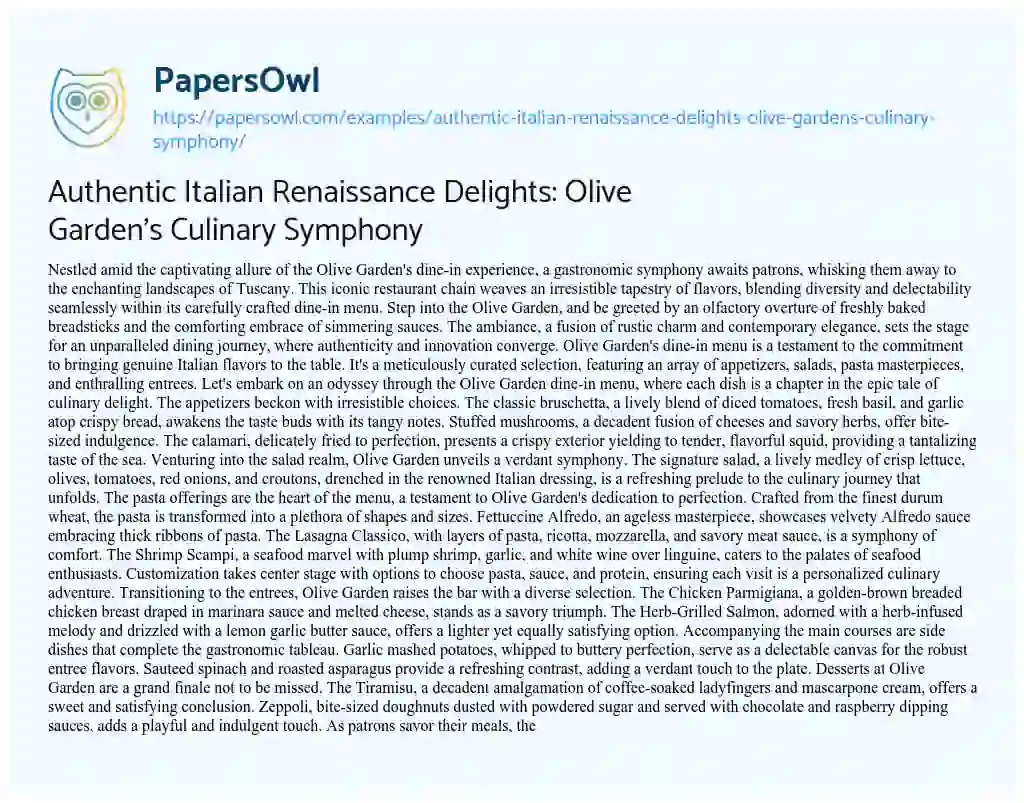 Essay on Authentic Italian Renaissance Delights: Olive Garden’s Culinary Symphony