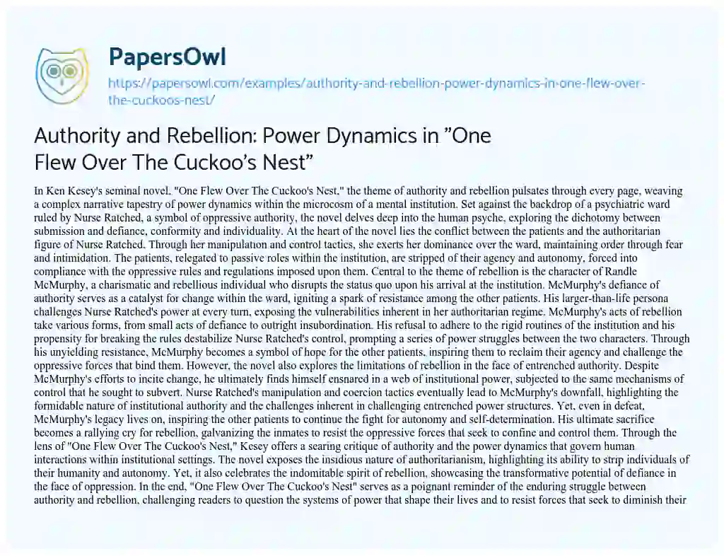 Essay on Authority and Rebellion: Power Dynamics in “One Flew over the Cuckoo’s Nest”