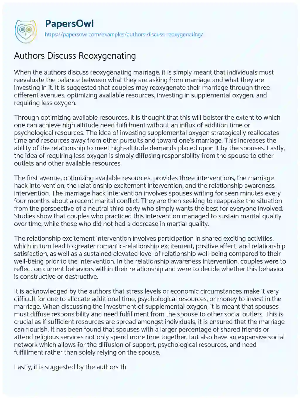 Essay on Authors Discuss Reoxygenating