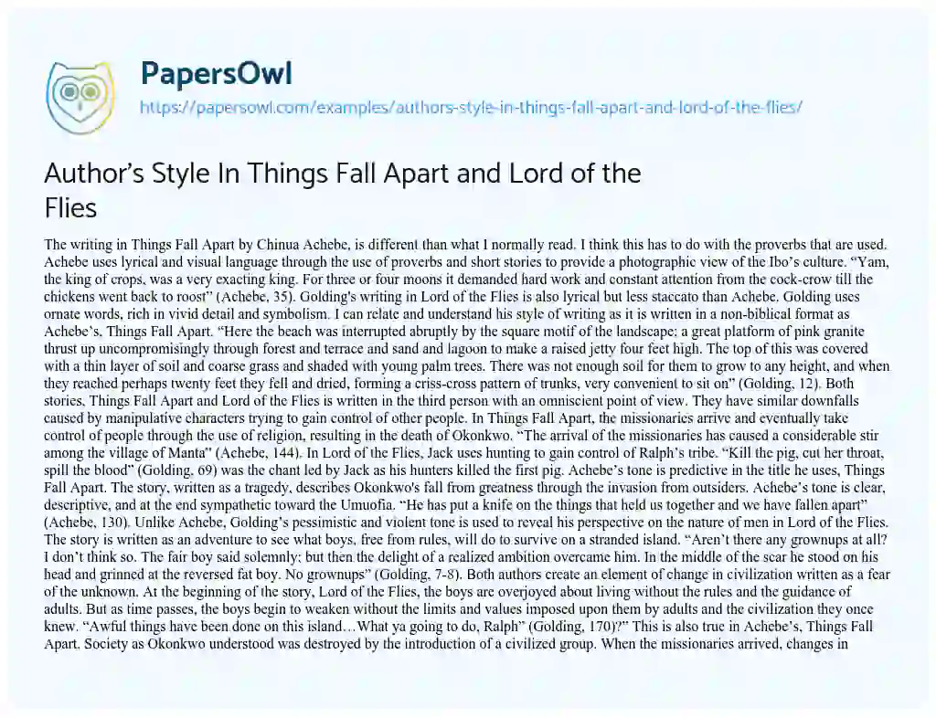 Essay on Author’s Style in Things Fall Apart and Lord of the Flies 